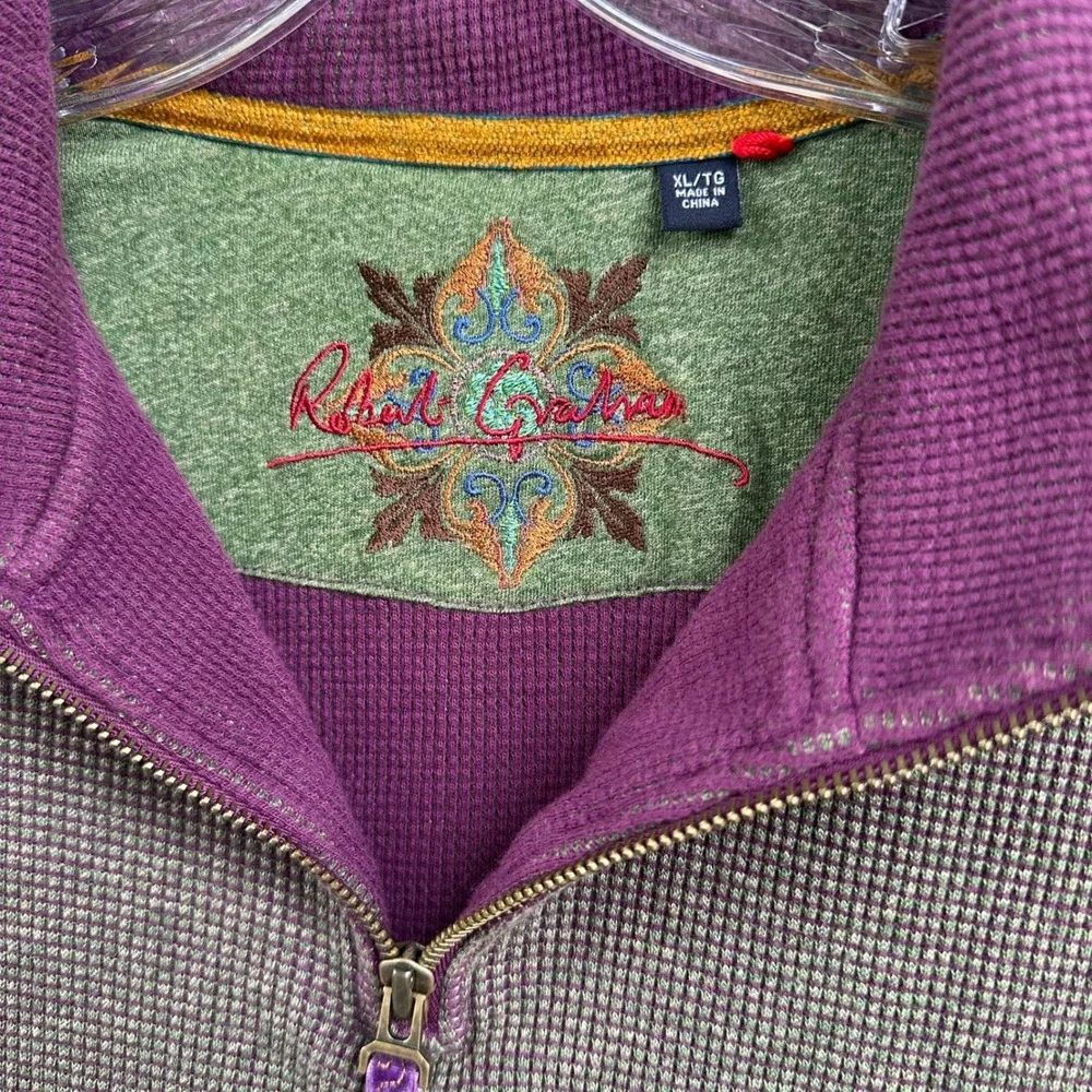 Robert Graham Mens XL Waffle Knit Quarter Zip Pullover Sweater Purple Green